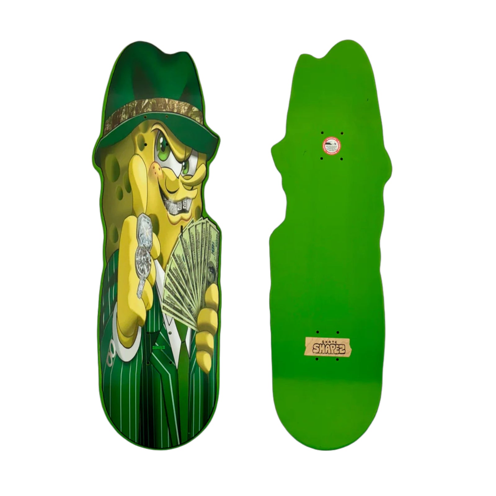 gangster spounge shaped skateboard deck front and back