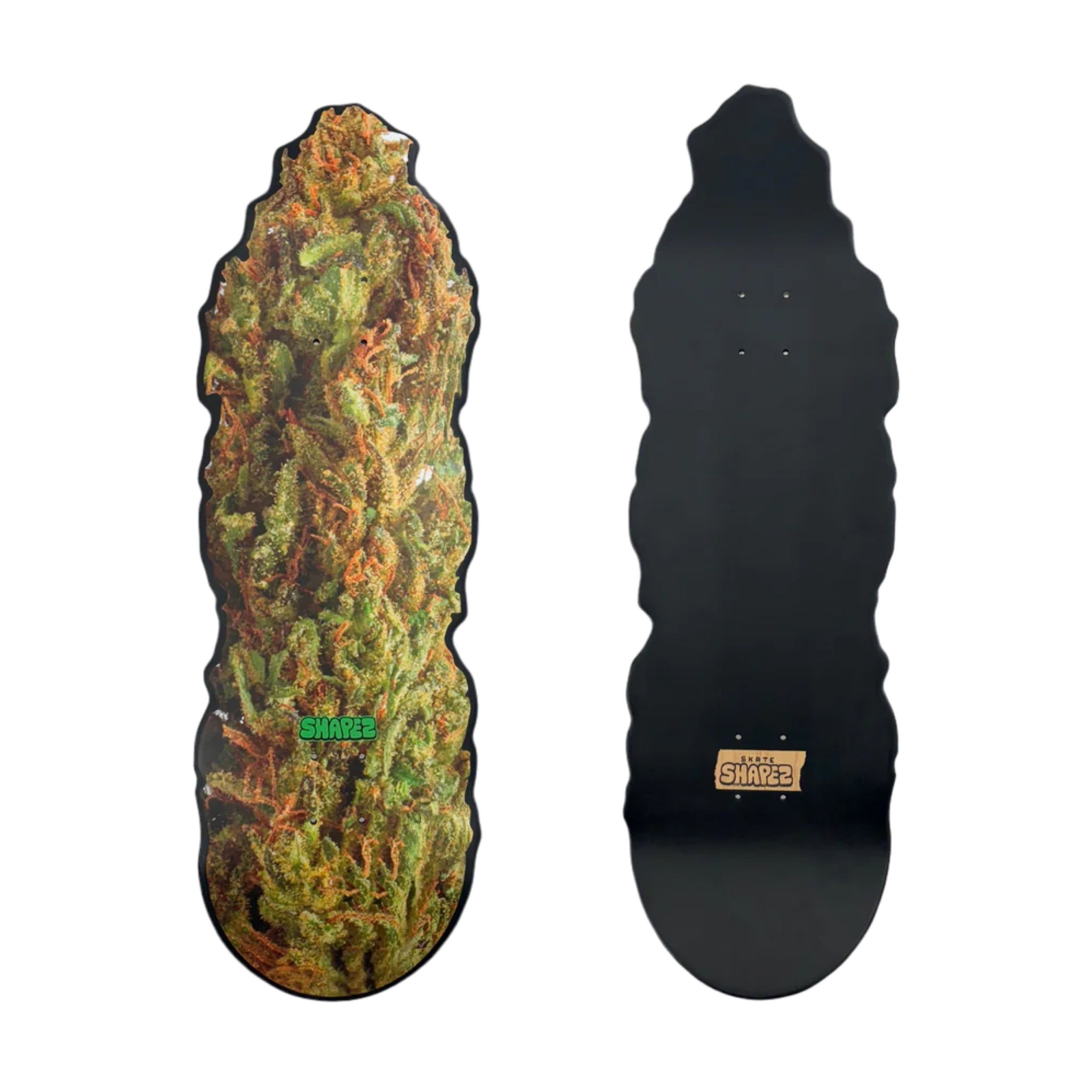 weed nug shaped skateboard deck front and back